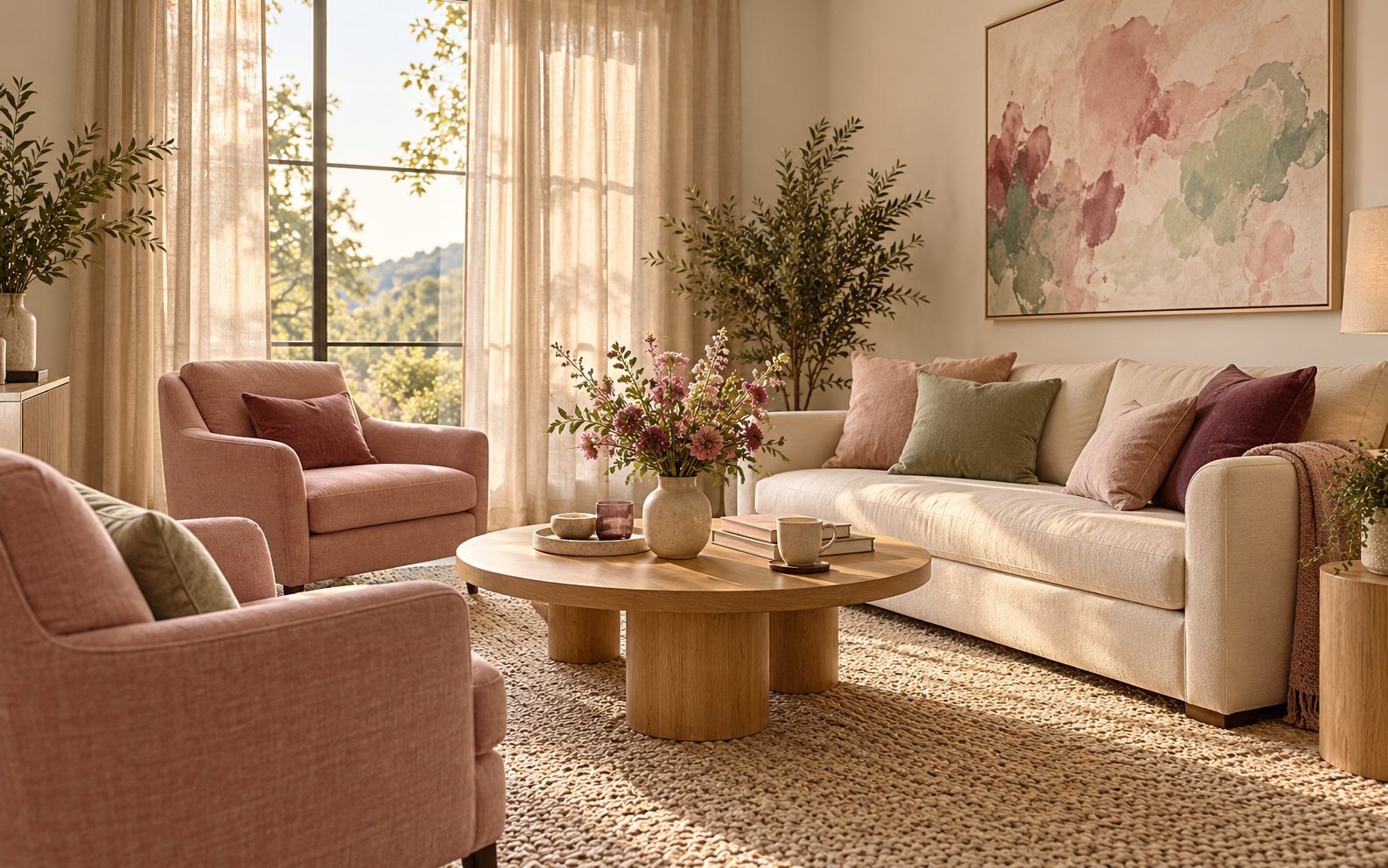 Sala luminosa con sillones rosados, sofá claro y flores sobre la mesa